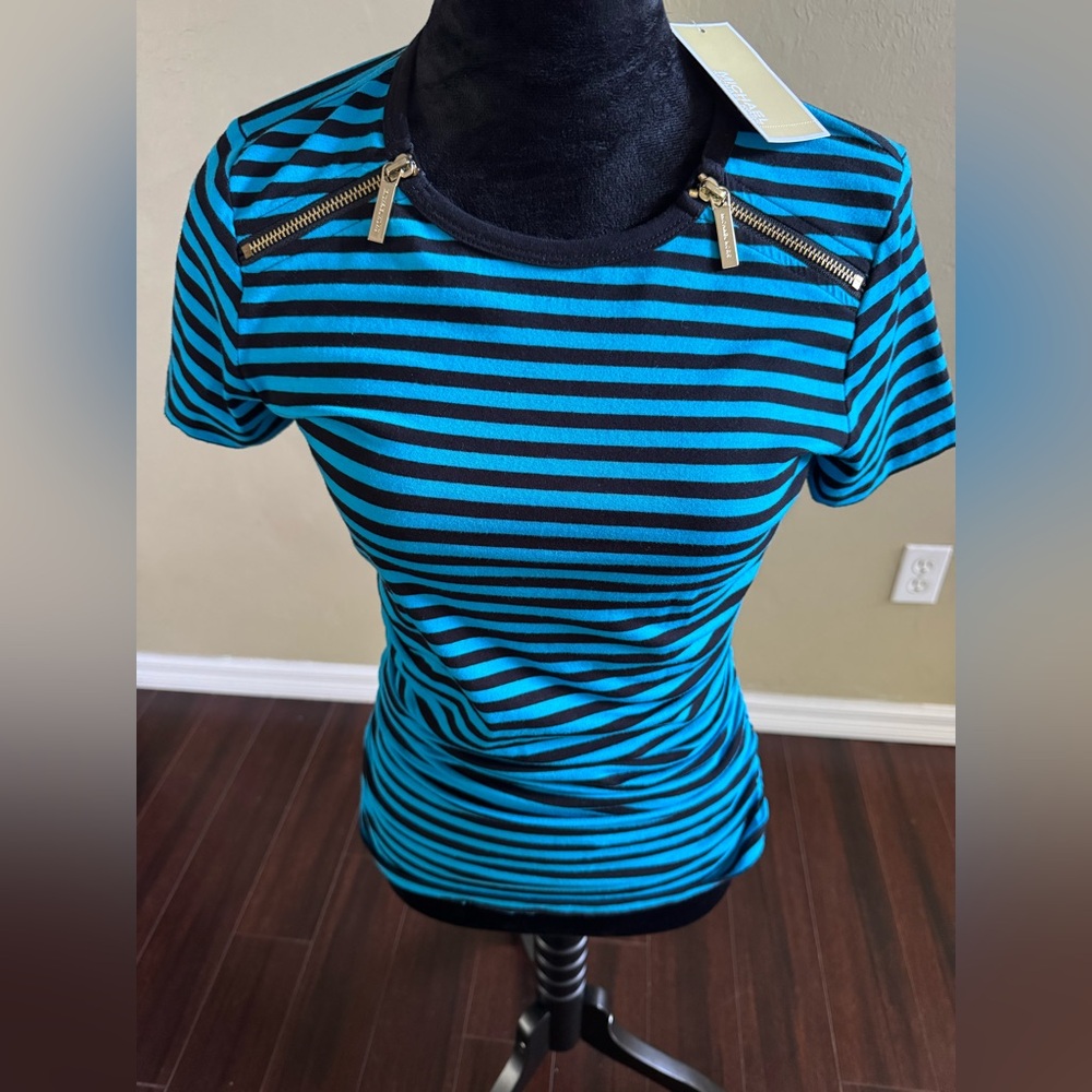 New! Michael Kors Black and Blue Striped Top